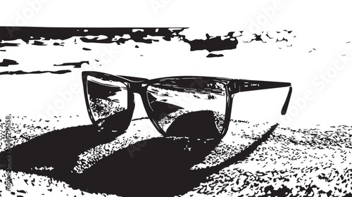 Sunglasses on the beach reflecting ocean waves and a sailboat in the background on a sunny day