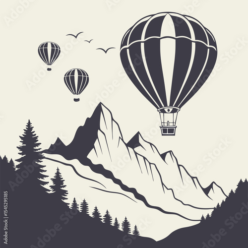 Majestic Silhouette Hot Air Balloons Soaring Above Mountain Peaks