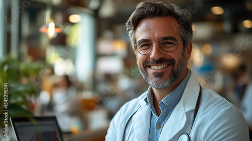 Male doctor in white coat smiling confidently with only a plant and laptop in frame 