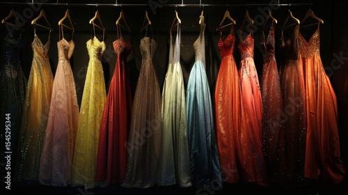 In the backstage wardrobe, several gowns ready to be showcased are neatly hung