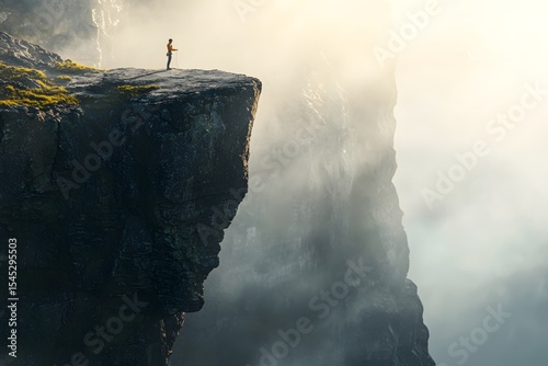 On the edge of a cliff, a rock climber is striving to ascend