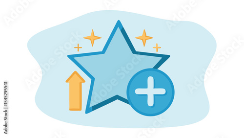 Illustration of a light blue star with an arrow pointing up and a plus sign on a light blue background