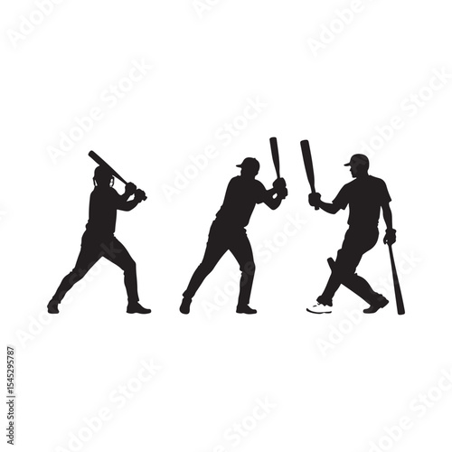 Baseball player swinging bat silhouette set, Rubber stick game on children playground. Bully kids beat abused friend.