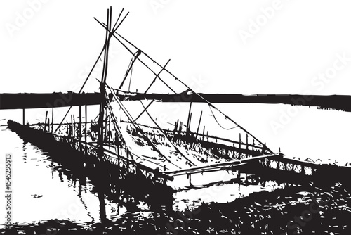 A traditional fishing structure with nets in a body of water under a cloudy sky on a sunny day