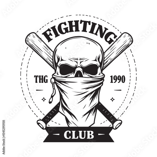 Fighting club member vector illustration. Skull in bandana. crossed riffles and text