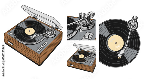Illustration of a vintage record player with a wooden case and a black vinyl record on the turntable