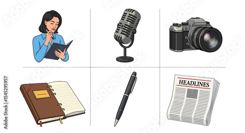 Illustration depicting journalism tools including a reporter, microphone, camera, and newspaper