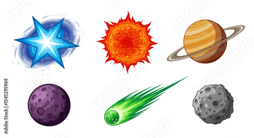 Illustration of various celestial bodies including a galaxy sun planet comet and asteroid objects shown