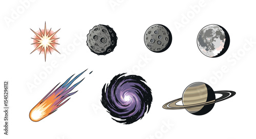 Illustration of celestial objects including a star, moons, comet, galaxy, and saturn design