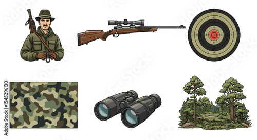 Illustration showing a hunter with rifle, target, binoculars, camouflage and forest scene imagery