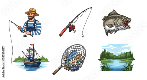 Illustrations of fishing elements including a fisherman, fishing rod, boat, and various fish images