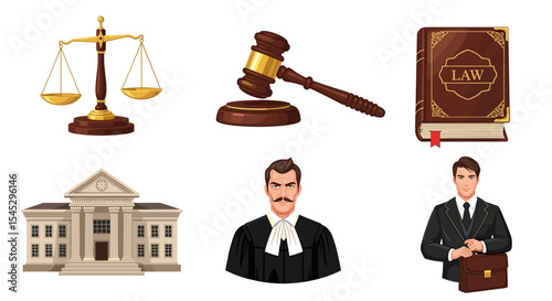 Illustration of law and justice elements including scales, gavel, book, building and lawyers