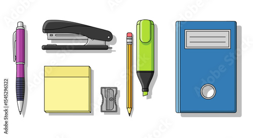 Illustration of stationery items including a pen stapler sticky notes pencil sharpener and a binder