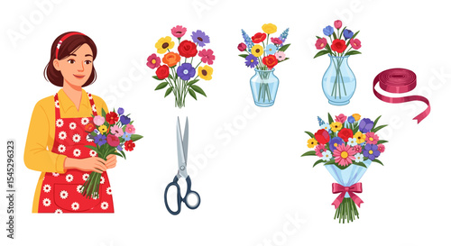 Woman holding a bouquet with various floral arrangements and tools for flower arrangement displayed here