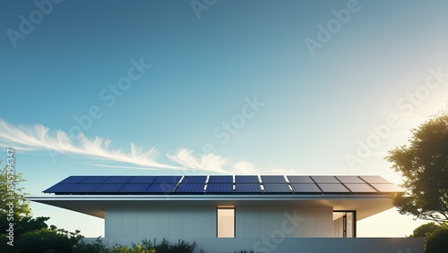 Minimalist modern house with rooftop solar panels under clear blue sky, sustainable residential architecture powered by clean energy at sunrise