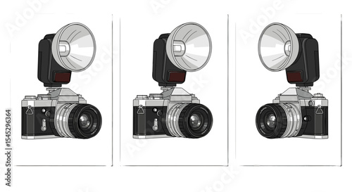 Three vintage cameras with flash attachments are displayed in a repeating pattern in a row format
