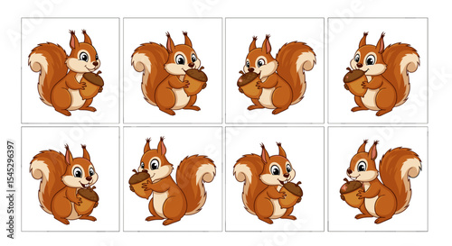 Eight cartoon squirrels holding acorns arranged in a grid pattern on a white background image display