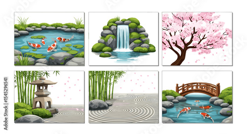 A collection of six serene japanese garden scenes featuring koi ponds and zen elements displayed neatly