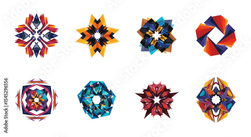 Collection of eight abstract geometric shapes in various colors and orientations on a white background