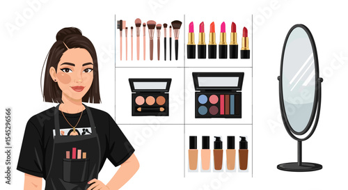 Illustration of a makeup artist with brushes lipstick and other beauty products in the background