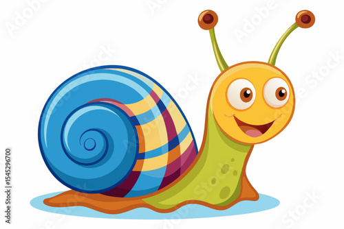 Bright and cheerful cartoon snail character with a vibrant orange spiral shell, blue body, and big smiling face. This playful vector illustration is perfect for children’s books, educational materials