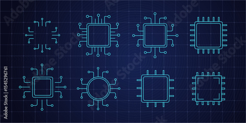Processor line icon, hud microchip cpu technology board, Central processing unit. Design element flat, simple silhouette.