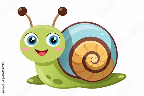 Bright and cheerful cartoon snail character with a vibrant orange spiral shell, blue body, and big smiling face. This playful vector illustration is perfect for children’s books, educational materials