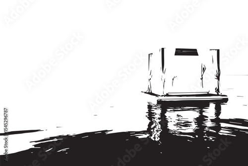 Floating bed with white curtains on calm blue water under a clear sky at sunset or sunrise view