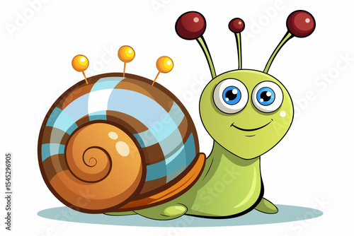 Bright and cheerful cartoon snail character with a vibrant orange spiral shell, blue body, and big smiling face. This playful vector illustration is perfect for children’s books, educational materials