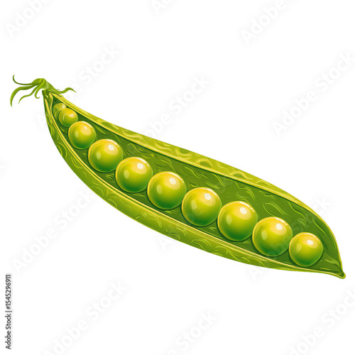 Open green pea pod on white background perfect for food, farming, and organic vegetable themes.