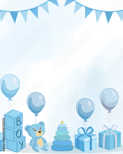 Baby boy shower card with blue flat illustrations in background