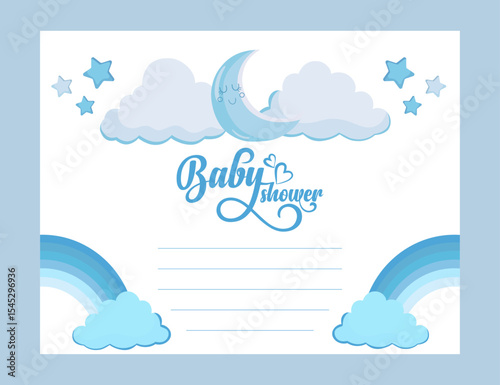 Cute blue baby shower greeting card template with sky elements in background