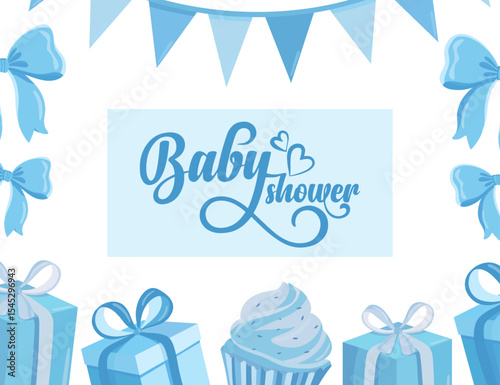 Baby shower blue background Its a boy Presents bows muffin decorations