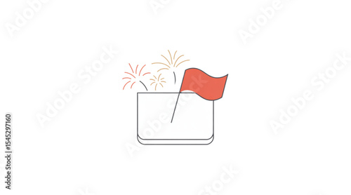 Flat style icon of a calendar with a red flag and fireworks. Minimalistic concept of national holiday, independence celebration or patriotic date on a clean white background.