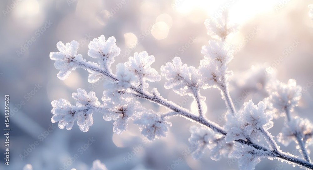 Fototapeta premium A frost-covered withered branch, with sunlight casting down
