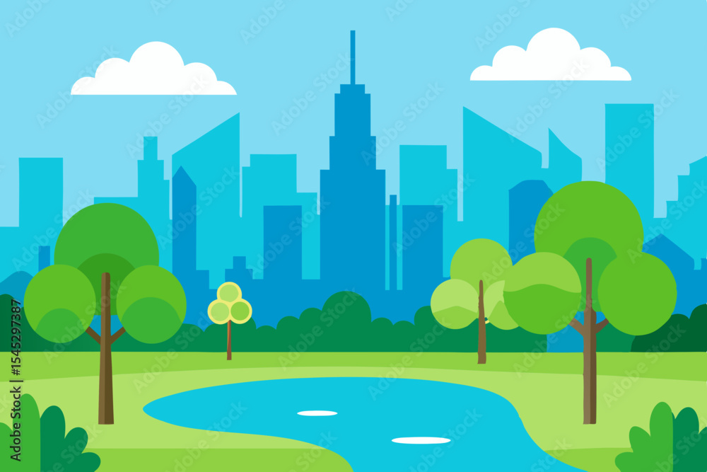 Fototapeta premium City park landscape with pond and skyline