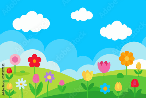 Cartoon spring meadow with colorful flowers and blue sky