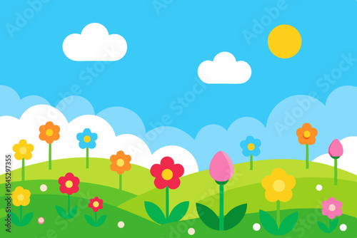 Happy spring flowers meadow landscape illustration