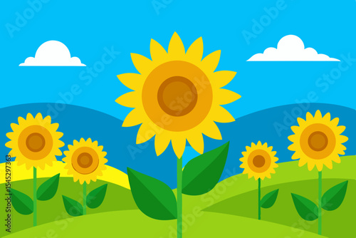 Happy sunflowers in a summer field landscape
