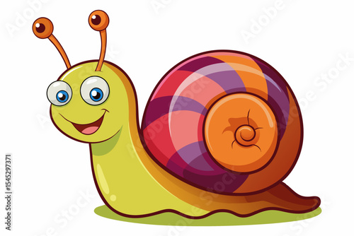 Bright and cheerful cartoon snail character with a vibrant orange spiral shell, blue body, and big smiling face. This playful vector illustration is perfect for children’s books, educational materials