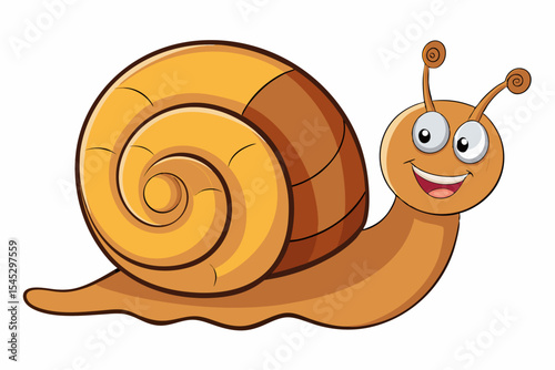 Bright and cheerful cartoon snail character with a vibrant orange spiral shell, blue body, and big smiling face. This playful vector illustration is perfect for children’s books, educational materials