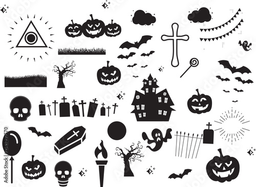 Halloween silhouettes. Collection of Halloween themed items in black bold graphic style with witches, pumpkins, scary characters.