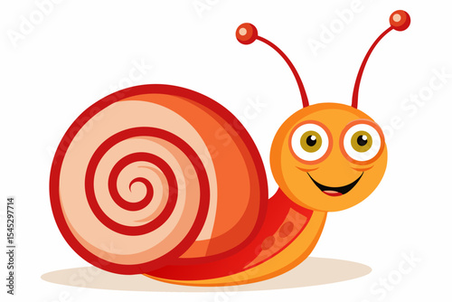 Bright and cheerful cartoon snail character with a vibrant orange spiral shell, blue body, and big smiling face. This playful vector illustration is perfect for children’s books, educational materials