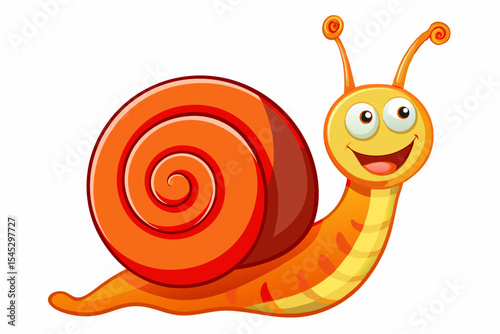 Bright and cheerful cartoon snail character with a vibrant orange spiral shell, blue body, and big smiling face. This playful vector illustration is perfect for children’s books, educational materials