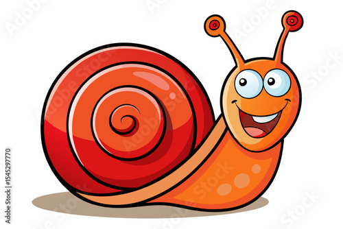 Bright and cheerful cartoon snail character with a vibrant orange spiral shell, blue body, and big smiling face. This playful vector illustration is perfect for children’s books, educational materials