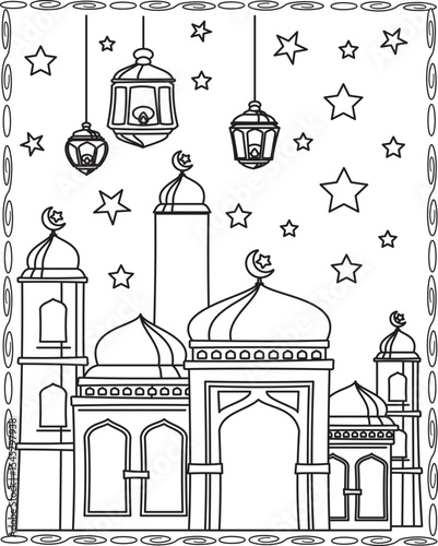 Serene Mosque Illustration Ramadan Islamic Design.Mosque Coloring Page For Kids And Adults.