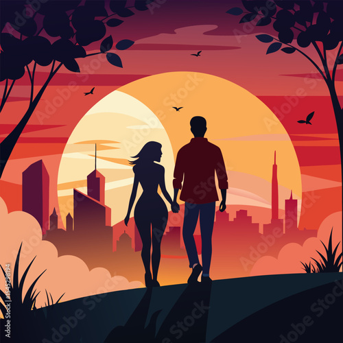 "Couple walking at sunset silhouette"