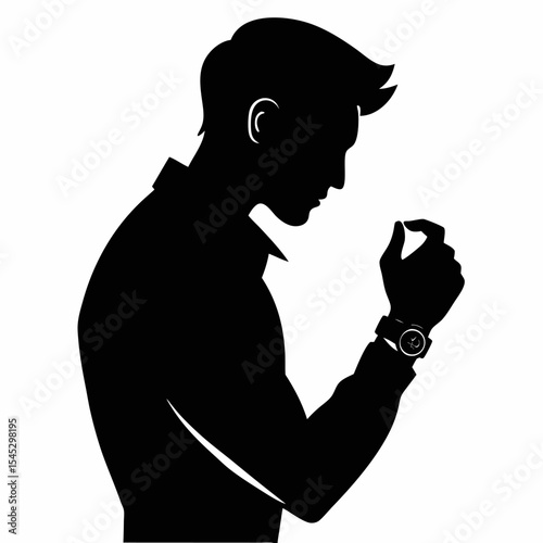 "Man looking at wristwatch silhouette"