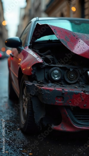 Close-up of a severely damaged car after a fatal accident, highlighting the extent of the destruction and the potential for lethal injury , fatal, devastation, death scene
