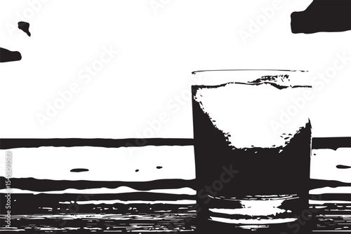 A refreshing drink on a wooden surface with a beautiful ocean and sunset in the background view